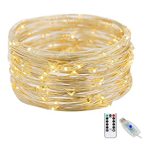 Cadena de luces con LED de 10 m, funciona con pilas, luces de hadas para interiores y exteriores, luz de cable USB con batería con 8 modos y función de temporizador para el hogar/boda/fiesta Cover