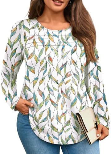 WYNNQUE Women Plus Size Long Sleeve Shirts Pleated Front Tunic Tops Curved Hem Casual Blouses