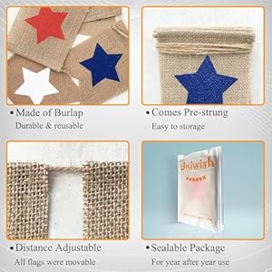 Uniwish Red White and Blue Stars Banner, Patriotic 4th of July Decorations American Independence Day Garden Flag Garland Burlap Bunting Sign Uniwish Red White and Blue Stars Banner Patriotic 4th of July Decorations American Independence Day Garden Flag Garland Burlap Bunting Sign