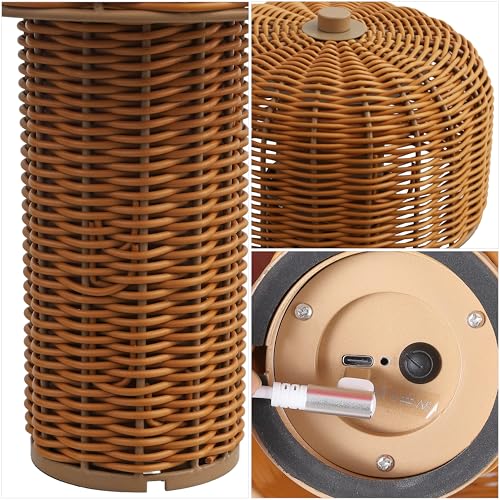 Image of JONATHAN Y 10 inch Light Brown /Brown Modern Scandinavian Faux Wicker Rechargeable Table Lamp Set of 2, Cordless Dimmable Integrated LED Lantern for Indoor /Outdoor Patio, Woven Shade (JYL7155B-SET2)