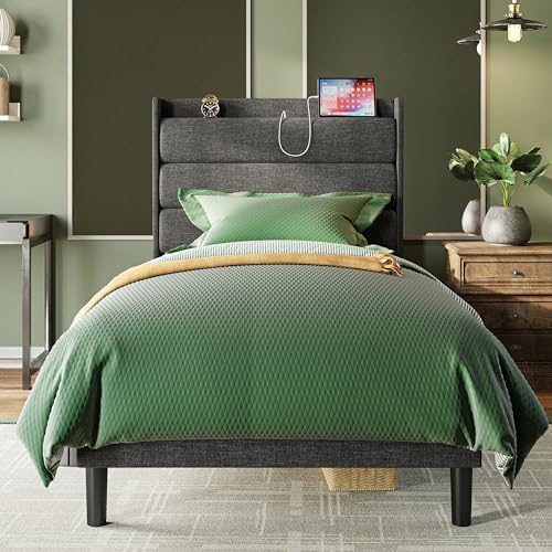 LIKIMIO Twin XL Bed Frames, Storage Headboard with Outlets