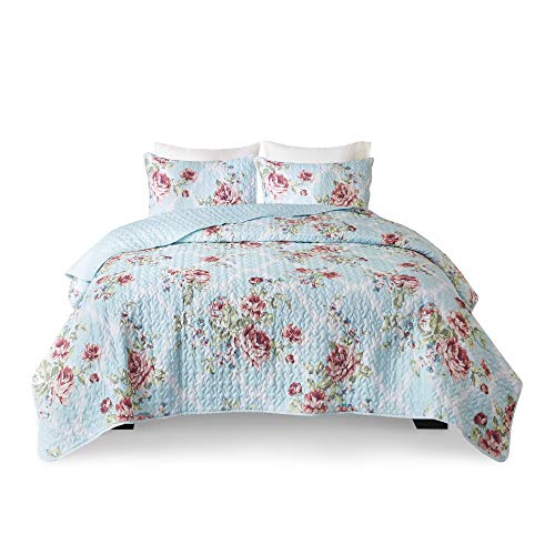 Comfort Spaces Reversible Quilt Set-Vermicelli Stitching Design All Season, Lightweight, Coverlet Bedspread Bedding, Matching Shams, King/Cal King (104 In X 90 In), Natalie Floral Blue 3 Piece #TOP7