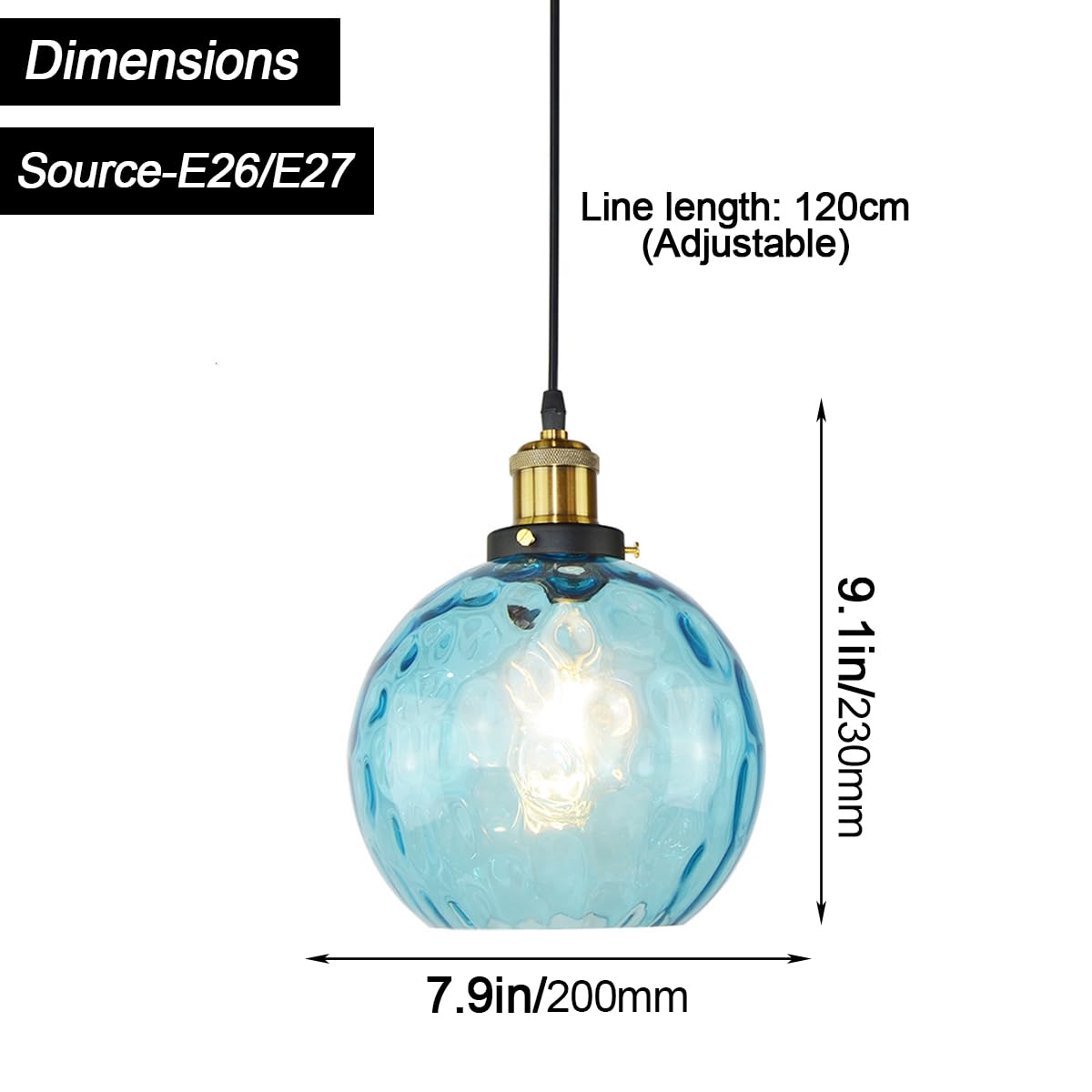 Wisząca szklana kula 20 cm (7,9 cala) Nowoczesne złote wykończenie z niebieską szklaną kulką. Regulowana lampa wisząca do wystroju domu, idealna do salonu, na wyspę