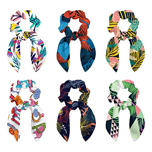 6 Pcs Hair Scrunchies - Colorful Palm Leaves Hair Scarf Scrunchy with Ribbon Bow, Elastic Hair Ties Ponytail Holders for Women Teenage Girls