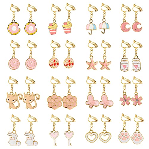 YADOCA 16 Paires Boucles d'oreilles Clip Enfants Filles Rose Fleur Cœur Glace Lapin Chat Boucles d'oreilles Pendantes Longues Clips Oreilles Non Percées Habiller Ensemble de Bijoux pour Enfants