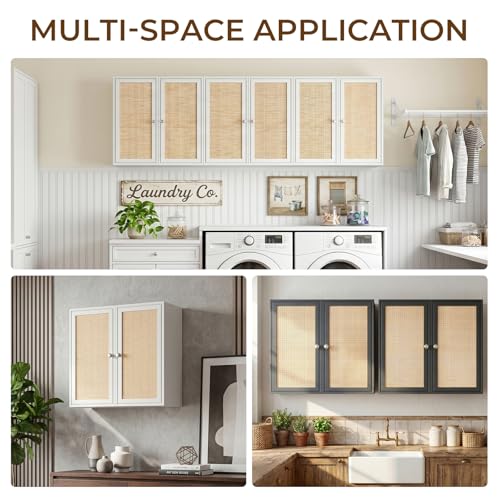 Image of Rattan Wall Cabinets for Laundry Room, Upper Cabinets Wall Mounted with Adjustable Shelves, Wall Cabinet for Kitchen, Bathroom, Bedroom, Black, Set of 3