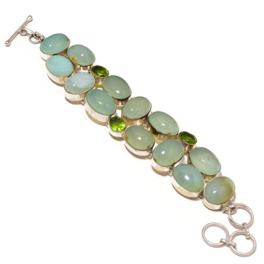 Natural Aqua Blue Chalcedony & Green Peridot Gemstone Handmade Statement Adjustable Bracelet Jewelry, Gift for Men & Women