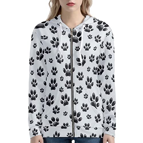 Belidome Kapuzenpullover mit Reißverschluss für Damen, Sweatshirt, Jacke, athletisches Fitnessstudio, T-Shirt, Schwarze Pfotenabdrücke, 48