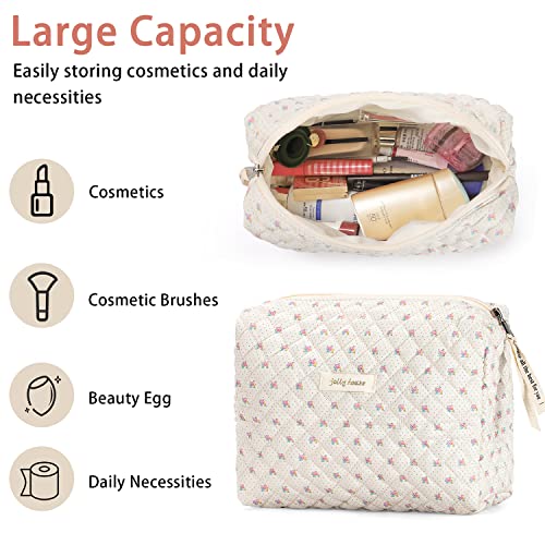 Sightor Cotton Makeup Bag, Kawaii Floral Cosmetic Bag Large Travel Toiletry Bag, Quilted Cosmetic Pouch for Women (Beige)3