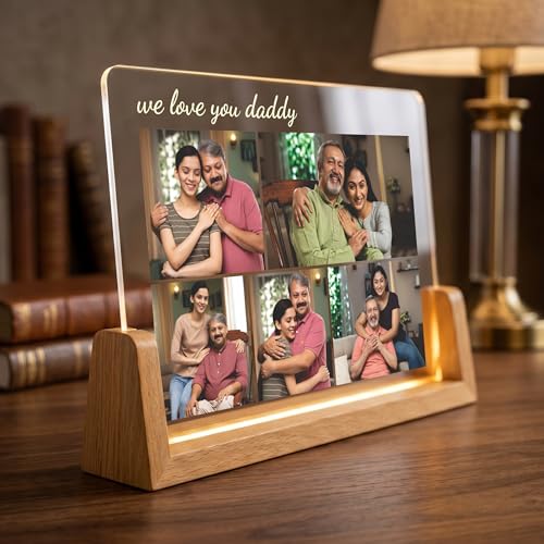 Image of Giftplease Personalized We Love You Daddy Acrylic LED Photo Frame with Wooden Base | Customized Multi-Photo Lamp Gift for Father's Day, Birthday | Warm Glow Night Light