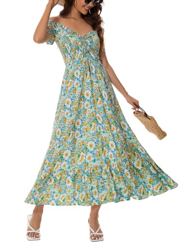 Image of Summer Smocked Boho Maxi Dress for Women 2026 Short Sleeve Floral Smocked Flowy Ruffled Beach Vacation Dresses Lightweight