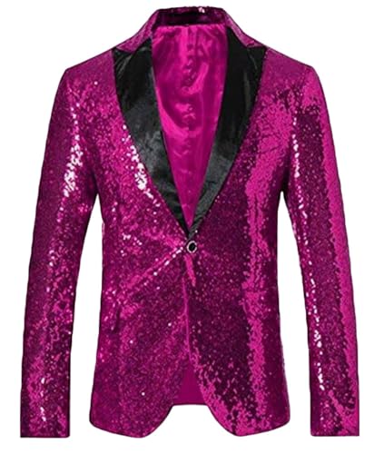 Men's Hot Pink Sequined Nightclub Tuxedo One Button Blazer Jacket Wedding Coat Hot Pink 48 Chest / 42 Waist