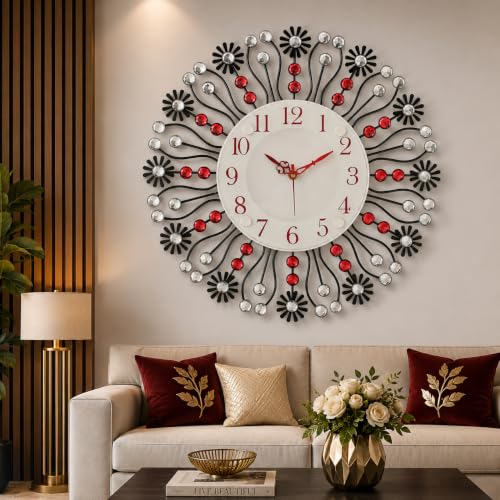 Image of CHRONIKLE Floral Design Stylish Round Diamond Studded Analog Metal Crystal Wall Clock for Living Room Home Decorations Office Gifts (Size: 37 x 5 x 37 CM | Color: Red & Black | Weight: 735 Gram)