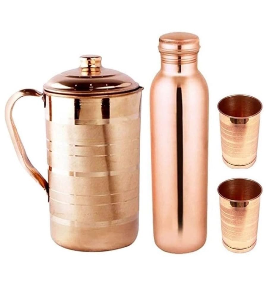 AZMIQ Pure Copper Water Bottle & Jug Set with 2 Glasses, 920ml Bottle & 1100ml Jug, Handmade Copper Drinkware Set, Ayurvedic Water Storage & Serving Set for Home, Kitchen & Yoga