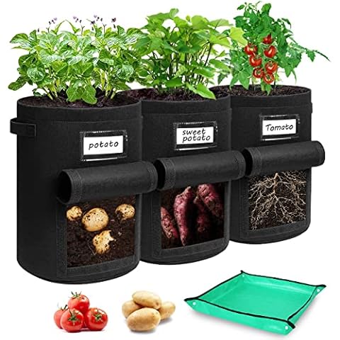 Airminti Kartoffel Pflanzsack, kartoffelsack Zum Pflanzen/ 3 Stück 7 Gallonen Pflanzsack mit Sichtbarer Klappe, Pflanzenschilder Zum Beschriften für Kartoffeln, Tomaten,Blumen, Gemüs (Schwarz-7) Cover