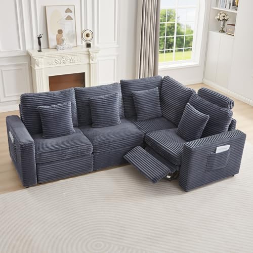 Image of RARZOE Modular Sectional Sofa with Power Recliner, 4-Seater L-Shaped Corduroy Reclining Couch Sectional with Headrest, Flexible Combination Fluffy Comfy Cloud Comfy Couches for Living Room,Grey