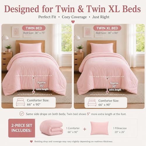 Image of weigelia Pink Comforter Twin Size, 2 Piece Twin Comforter Set with Pillowcase, Soft Microfiber Lightweight Comforter for Twin /Twin XL Bed, Solid Blush Pink Bedding Comforter for Girls Women Dorm Room