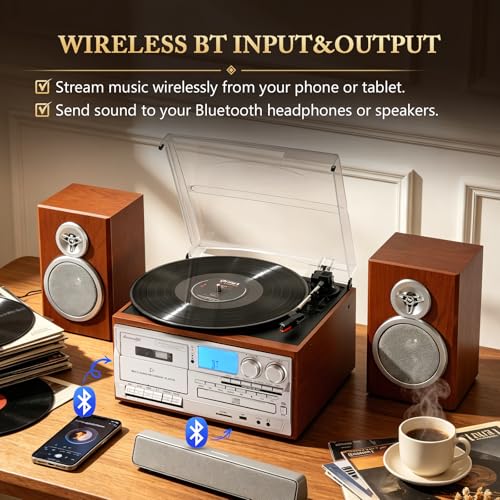 Image of Record Player with Two Full-Range External Speakers 10 in 1 Vintage Turntable CD Cassette Tape Player AM FM Radio 3 Speed BT Input & Output LP Players Support USB SD AUX RCA Auto Stop Retro Red Brown