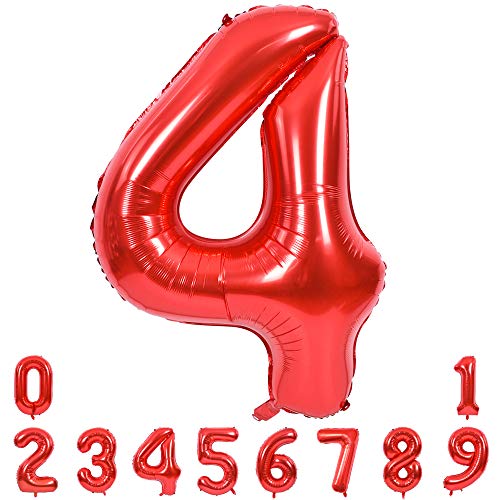 Image of TONIFUL 40 Inch Red Number 4 Balloons Large Foil 4th Birthday Decorations | Red 4 Balloon Number Four for 4th 14th 24th 40th Birthday 4 Year Anniversary, Red Birthday Decor for Men Women Boys Girls