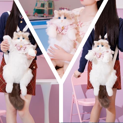 Image of Chongker Ragdoll Cat Backpack - Realistic Stuffed Animal Purse, Plush Cat Backpack for Kids & Adults, White
