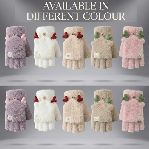 Image of Kraptick Women's Cute Reindeer Plush Convertible Fingerless Gloves - Winter Warm Fluffy Flip-Top Mittens - Korean Style Soft Hand Warmers for Girls & Ladies (Free Size, White)-3