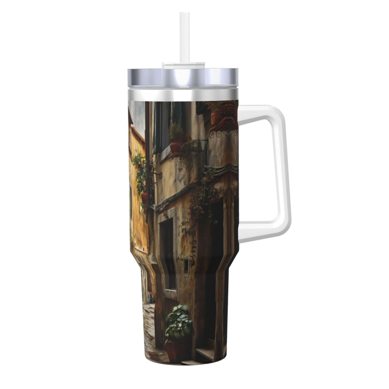 Italian Old Street Wasserflasche aus Edelstahl, doppelwandig, isoliert, mit Griff und Strohhalm-Deckel, 1,2 l