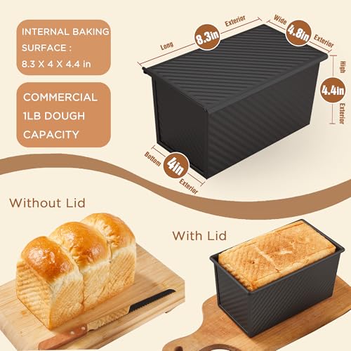 Image of KITESSENSU Carbon Steel Pullman Loaf Pan with Lid, 1 lb Dough Capacity, Black, Non-Stick, Bread and Toast | Nonstick Carbon Steel Japanese Milk Bread Loaf Pan, Square Toast Mold, Sandwich Bread, Sourdough Loaves & Homemade Bread