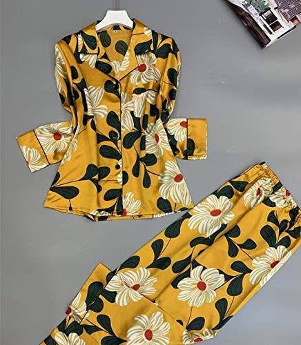Pajamas Satin Pajamas Ladies Pajamas Set Flower Print Long-sleeved Silk Pajamas Women's Pajamas M shenduo