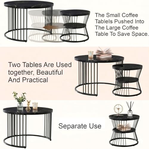 Image of MELVON Lightweight Nesting Coffee Table Set of 2, Full Black Metal Frame with Black Marble Look Top, Round Center & Side Tables for Living Room
