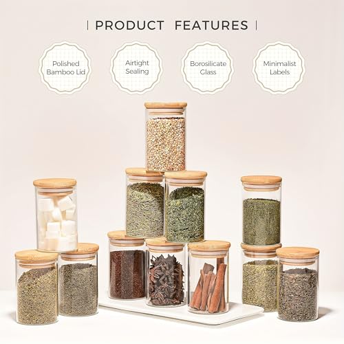 Image of CAKETIME Spice Jars with Airtight Bamboo Lid [Round, Pack Of 12, 320ml] - Glass Spice Bottles, Seasoning Containers for Salt, Sugar, Coffee Beans - Set of 12 Jars with Wooden Lids