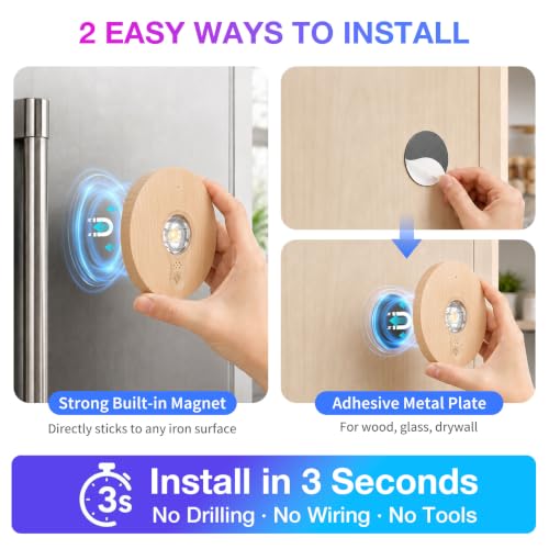 Image of Rechargeable RGB Puck Lights with Remote Control, Wireless Under Cabinet Lighting,13 Color Changing Lights with Dimmer, Timer,2000mAh Battery Operated Tap Lights for Kitchen (Natural Wood, 8PCS)