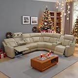 Power Breathing Leather Reclining Sofa Set,Power Recliner Sectional Couch with LED Light,Sectional Reclining Couch Set with USB Port/Storage for Living Room Home Office (Beige)