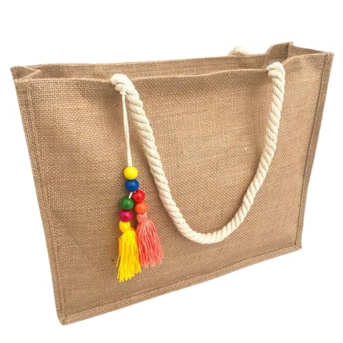 Bolsa De Praia De Palha Sacola Rústica Juta com pingente colorido Bolsa de praia Sacola Moda Verão