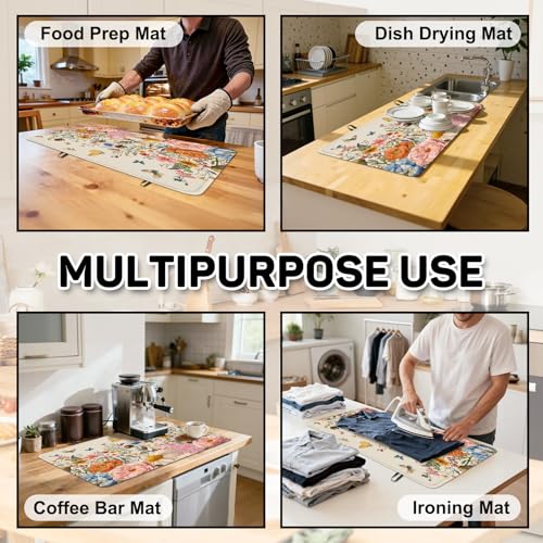 Image of Retro Floral Stove Top Cover for Electric Stove, Wild Flowers Range Covers for Electric Stove, Rubber Dish Drying Mat, Glass Cooktop Covers, Flat RV Range top Mats, 28 inchx20 inch