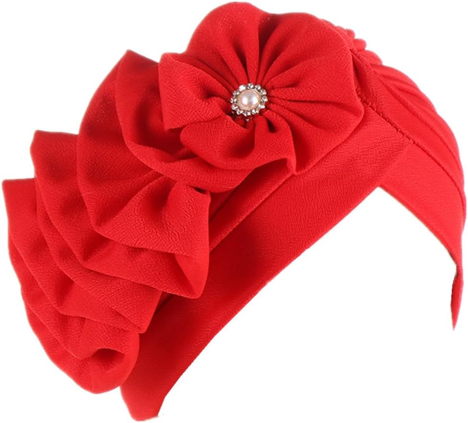 Flower Turban Hats for Women - Ruffle Bead Stretch Solid Caps Chemo Cancer Pre Tied Headscarf Headwear