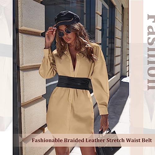 SUOSDEY Women Faux Leather Braided Waist Belt for Dress Elastic Stretch Belt for Ladies Wide Waist Belt for Women2