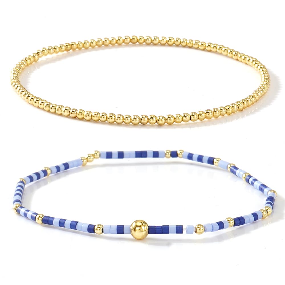 SHINUS BOHO Gold Beaded Stack Bracelets Set for Women, 2Pcs Cute Boho Handmade Colorful Small Beaded Stackable Friendship Stretch Bracelet Summer Prom