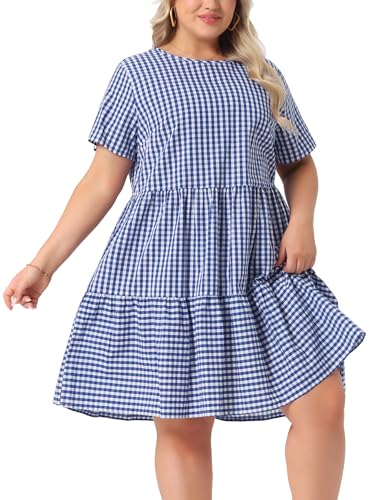 Image of Agnes Orinda Plus Size Gingham Dresses 1950s Vintage Plaid Round Neck Short Sleeve Tiered Midi Summer Dress