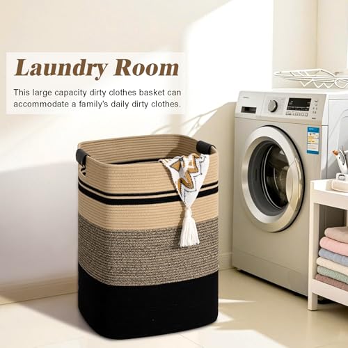 Image of Laundry Hamper, 95L Tall Laundry Basket with Leather Handles, Rectangle Large Clothes Hamper for Organizing, Cotton Woven Laundry Baskets Storage Hampers for Bedroom, Nursery, Living Room