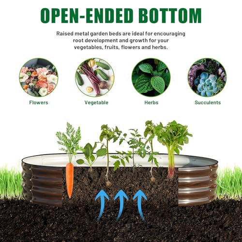 Image of SnugNiture 2 Pcs 6x3x1ft Oval Metal Raised Garden Bed for Vegetables, Brown | Protective rubber edging strips thickened corrugated galvanized steel