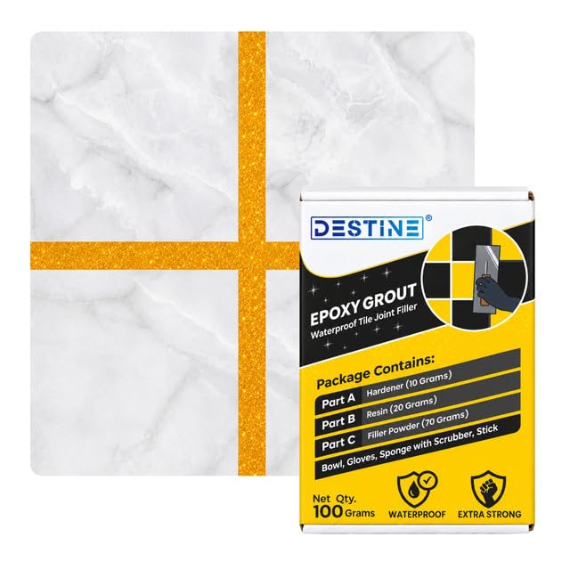 Image of DESTINE Epoxy Grout for Tiles (110 Colours)(100 g), Waterproof Joint Filler, Crack Filler, Tiles Gap Filler, Stain Free, Acid & Chemical Resistance Epoxy Grout (Inca Gold [Gold Glitter])