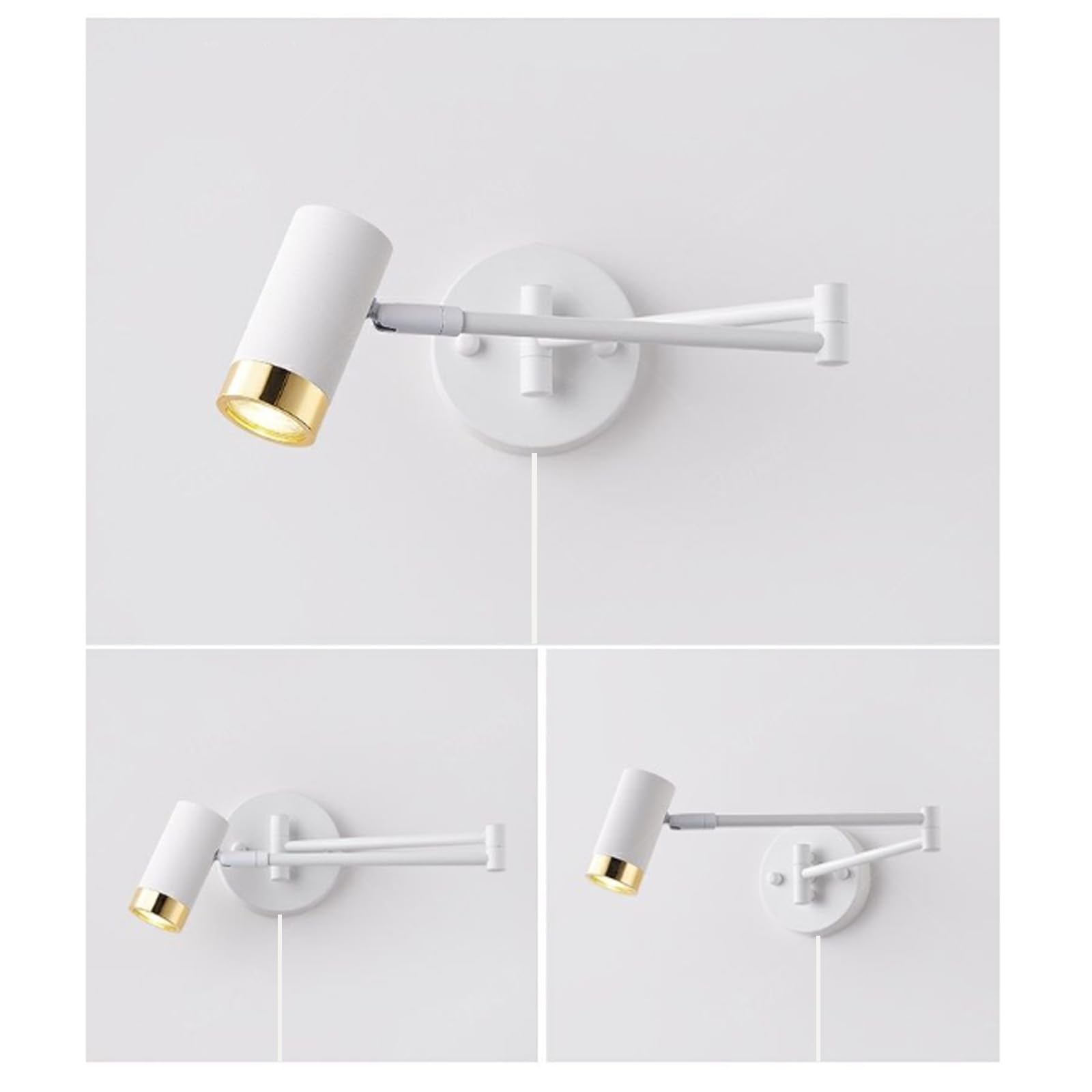LED Innen Retro Wandleuchte mit Schalter Stecker Wandlampe 350°+180° Drehbar Wandbeleuchtung Eisen Aluminium Langer Arm Kopfende Lesen für Schlafzimmer Küche Esszimmer (Weiß + Gold)