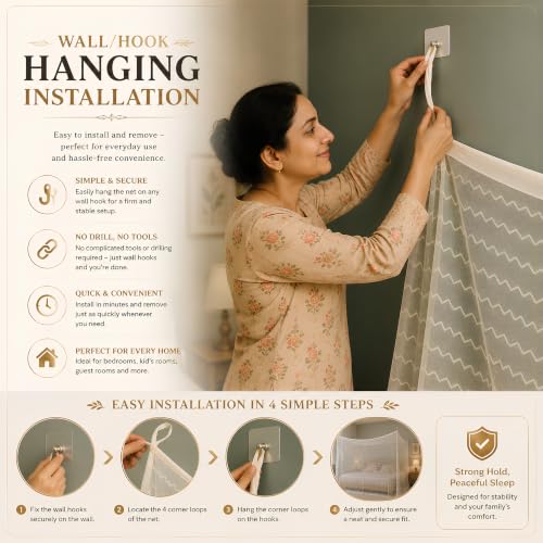 Image of Mosquito Net for King Size Bed & Double Bed, 6x7 ft, Wall /Hook Hanging, Premium Poly-Cotton Blend Fabric Foldable Machhardani (Pastel Cream)
