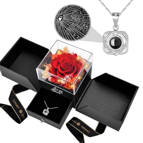 Mothers Day Gifts for Mom: Forever Real Rose with Heart I Love You Necklace Christmas Birthday Anniversary Valentines Day Galentines Gifts for Women Her Girlfriend Wife Grandma Romance Preserved Real Flowers Necklace
