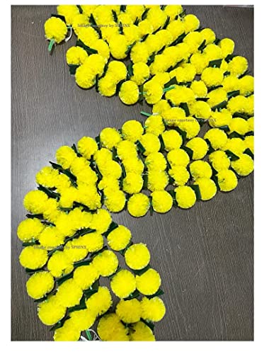 Image of SPHINX Artificial Marigold Fluffy Flowers Garlands for Decoration - Pack of 5 (Yellow with Green Leaves, 5 ft)