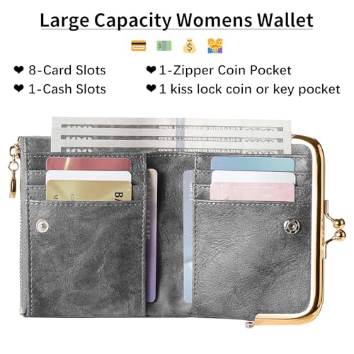 Genuine Leather Wallet for Women & Men, RFID Blocking Bifold with Zipper and Kiss Lock, Vintage Coin Purse (Grey)2