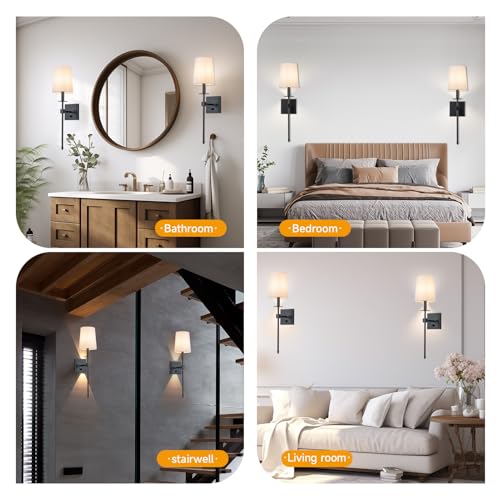 Image of Wall Sconces Sets of 2, Retro Industrial Wall Lamps, Hardwired Bathroom Vanity Sconces Wall Lighting with White Fabric Shade, Indoor Wall Lights for Bedroom Living Room Corridor Black