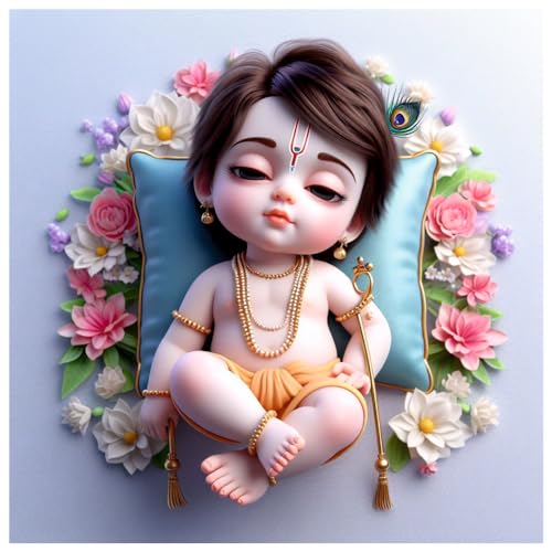 Image of Akki Wold Cute Sleeping KanhaJi Wall Poster Living Room, Office, Pooja Room (Size - 41CM X 41CM)