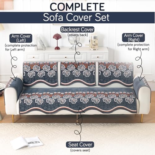 Image of HOKIPO Complete (Seat+Back+Arm) Sofa Mat Set for 3 Seater Sofa |Premium Chenille Sofa Covers with Curve Edges, 'Serene Curves Series' - Blossom Flower (IN-997+1002+1001 * 2 - D3)