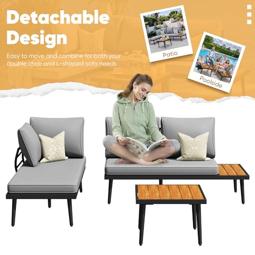 Image of Greesum Outdoor Sectional Sofa Set L-Shaped Metal Patio Furniture with All-Weather Cushions and Built-in Side Coffee Table for Garden, Lawn, Backyard, Poolside, Gray